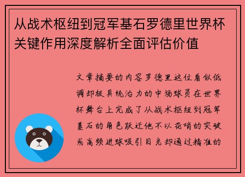 从战术枢纽到冠军基石罗德里世界杯关键作用深度解析全面评估价值